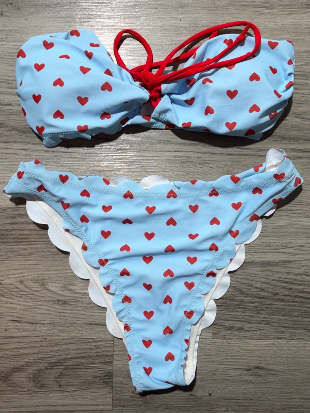 Women’s Bikini Set Blue Red Heart Print Scallop Trim Bandeau Swimwear M